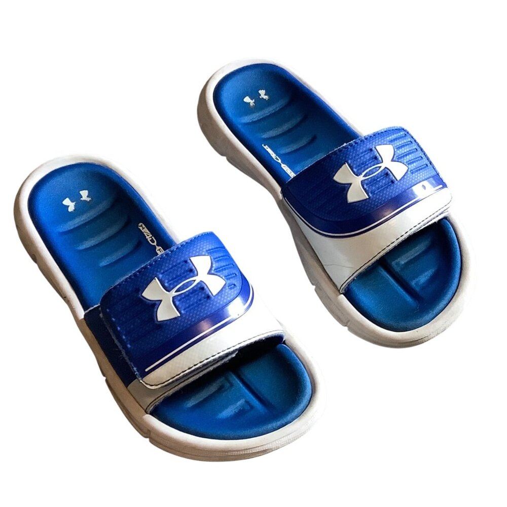 Under Armour Youth Slide Sandals Blue White  2 Youth‎ 4D Foam Cushion Comfort
